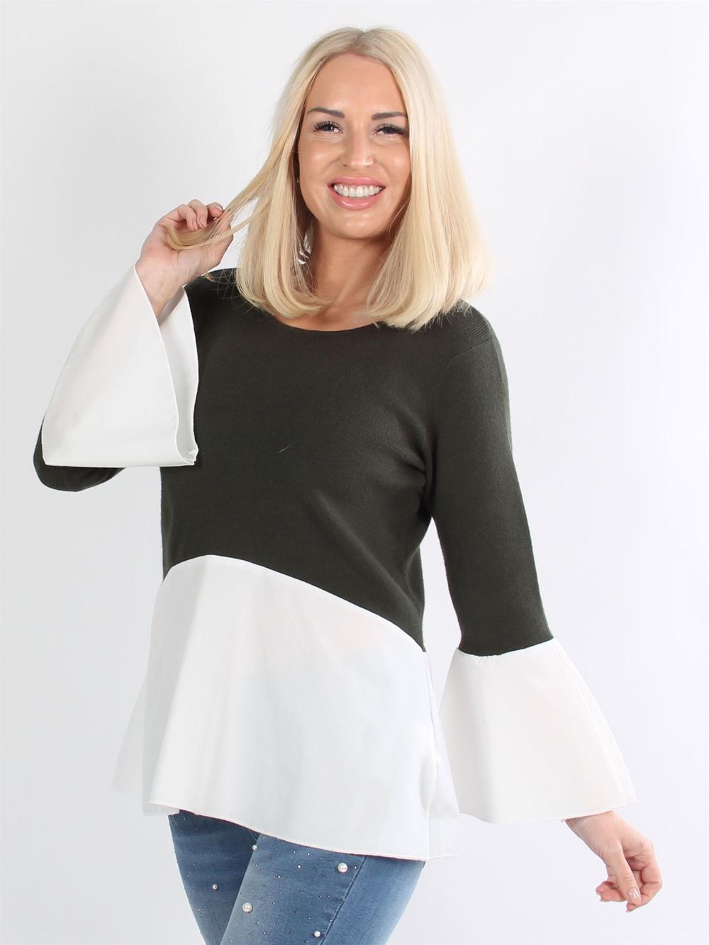 Lova - Armygrøn striktrøje med hvidt skjortelook forneden og på ærmerne